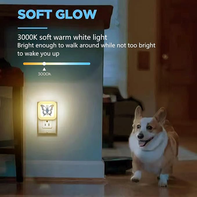 Smart LED Night Light [2-Pack], Plug-in with Auto Dusk to Dawn Sensor | Dimmable, Energy Efficient, Compact Wall Lights for Bedroom, Bathroom, Hallway, Kitchen (Butterfly Warm Light, 2)
