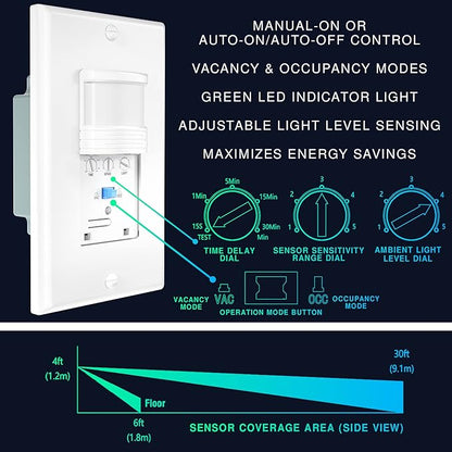 10 Pack, 3-Way Motion Sensor Light Switch (Not Single Pole), Neutral Wire Required, Indoor in-Wall Occupancy Sensor with Wall Plate, Adjustable Timer, Title 24, UL Certified, White