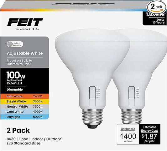 Feit Electric BR30 LED Light Bulb, 100W Equivalent, Dimmable, 5CCT, E26 Medium Base, 90 CRI, 1400 Lumens, Adjustable White, 15.5 Years Lifetime, 2 Pack, BR30100DM5CCTCA15K/2