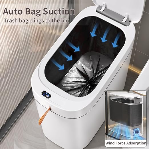Bathroom Trash Can with Lid, 3.5 Gallon Small Automatic Motion Sensor Garbage Bin with Auto Bag Suction & One-Pull Self Sealing, Slim Smart Touchless Waste Basket for Bedroom, Office, Kitchen, Rv