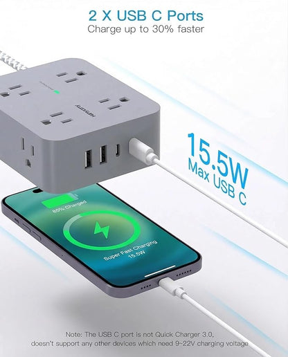 HANYCONY Surge Protector Power Strip 15 Ft Long Cord, Extension Cord 15 Feet with 8 Outlets 4 USB Ports(2 USB C), Flat Plug, Desk Charging Station for Home Office College Dorm Room Essentials