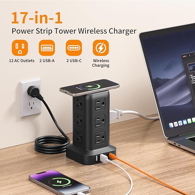 Extension Cord with Multiple Outlets, SMALLRT Power Strip Tower, 10FT Outlet Extender with 12 AC Outlets 4 USB, Power Strip with USB Ports for Home Office Dorm Room,Overload Protection
