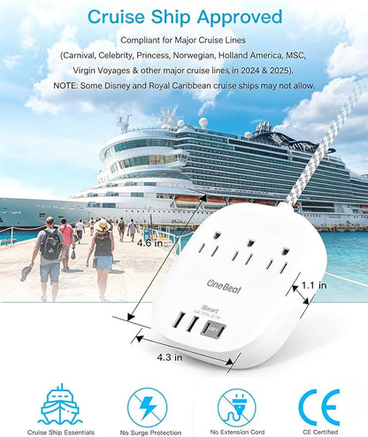15 Ft Long Extension Cord, Cruise Ship Power Strip, 22.5W/4.5A Flat Plug Power Strip with 3 Oultets 4 USB Ports, 2 USB C Power Strip No Surge Protection for Home Office College Dorm Room Essentials