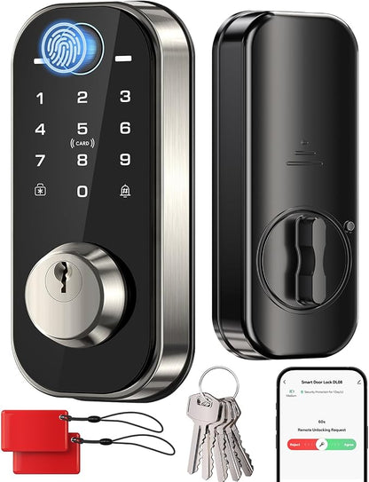 Ulecoce DL08 Fingerprint Smart deadbolt with with App Control, Satin Nickel | 5‑in‑1 Smart Deadbolt with Remote Control, Auto‑Lock, Touchscreen Keypad, 5 Keys & 2 Fobs, USB‑C Port, ANSI Grade 3 Security