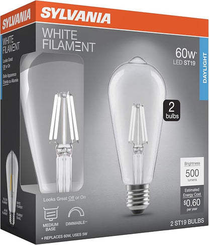 Sylvania ST19 Clear LED White Filament Bulb, 5W, Dimmable, 500 LMS, Medium Base, 5000K, Daylight - 2 Pack (42175)