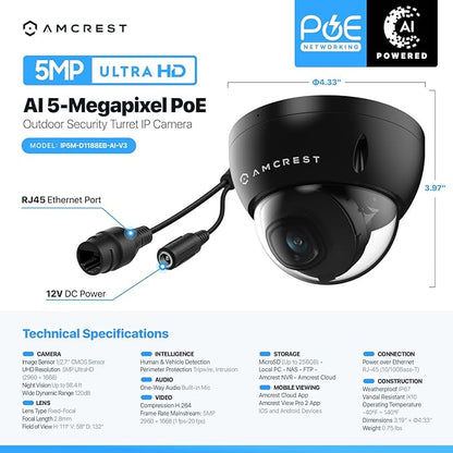 Amcrest 5MP POE Camera, Outdoor Vandal Dome Security POE IP Camera, 5-Megapixel, 98ft NightVision, 2.8mm Lens, IP67, IK10 Resistance, MicroSD 256GB (Sold Separately), Cloud, NVR (IP5M-D1188EB-AI-V3)
