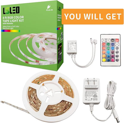 RGB LED Strip Lights for Bedroom, 8ft Color Changing LED Light Strip with Remote Control and PU Coating for Home Decor, Kitchen, Dorm Room, Party, Festival, ETL Listed