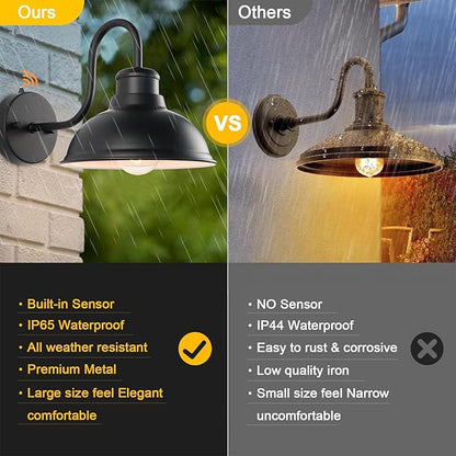 Dusk to Dawn Outdoor Wall Sconces, Exterior Farmhouse Gooseneck Barn Light, Vintage Matte Black Outside Wall Mount Light Fixture, Anti-Rust Waterproof Outdoor Light Hardwired for Porch Garage