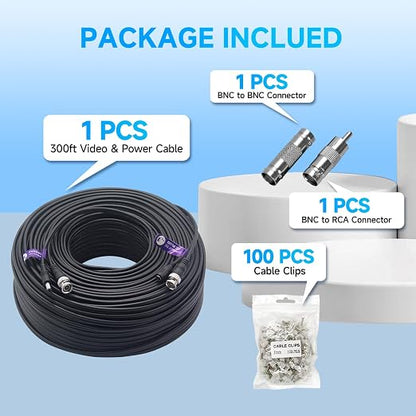 300Ft (91 Meters) 4K 8MP 5MP 2MP 1080P BNC Video and Power Cable, Mini RG59 Wire for CCTV Security Camera Systems, with BNC Connector, RCA Adapter, Cable Clips (Pack of 2)