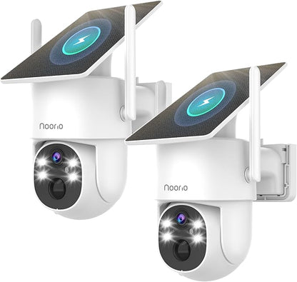 Noorio 2K Solar Security Camera Wireless Outdoor, 360° Pan/Tilt Camera with Dual-Band WiFi 2.4/5G, Fixed Solar Panel, AI Human Detection, Color Night Vision, 4MP, IP65 Weatherproof, 2-Way Audio 2 Pack