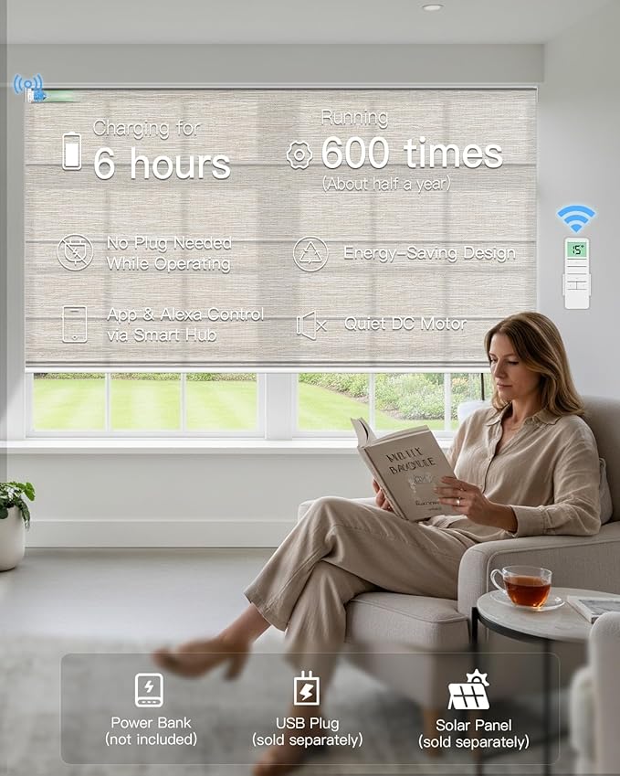 Motorized Roman Shades for Windows, Custom Light Filtering Roman Blinds with Remote, Smart Privacy Window Shades for Living Room Kitchen Office, Alexa & Google Home Compatible, App Control via RF Hub