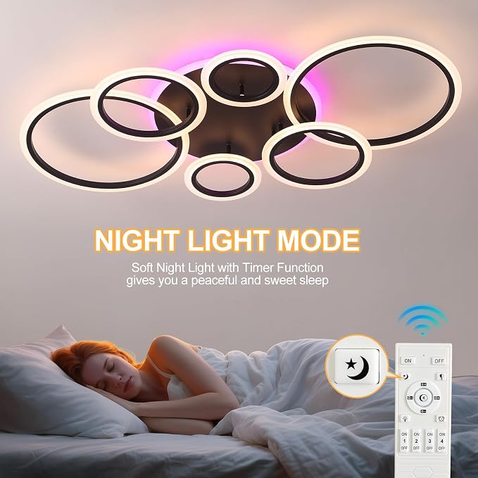 70W LED Ceiling Light, 6-Ring Black Flush Mount Fixture with Remote | Dimmable 3000K-6000K ceiling light with remote, 4200LM,RGB ambient glow,modern fixture for living room, bedroom & dining room