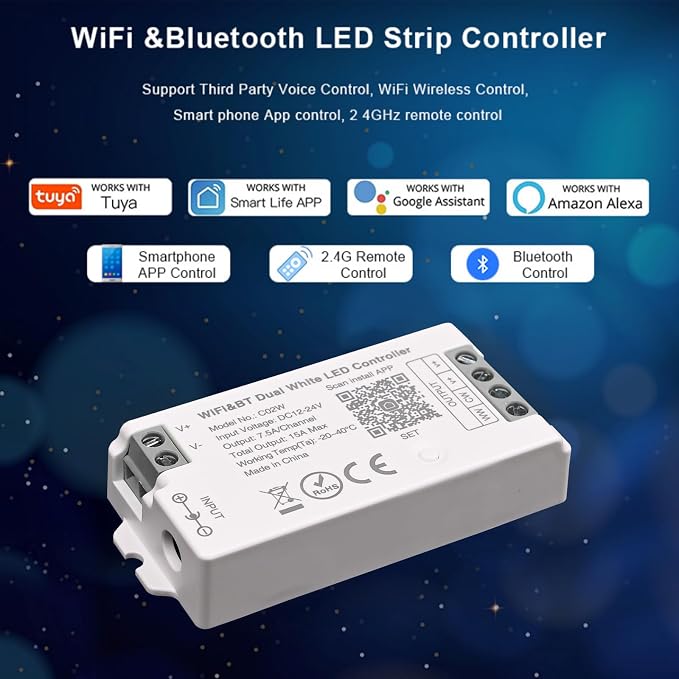 C02W CCT LED Controller Tuya WiFi 2.4G RF 3Pin PWM Dual White Strip Dimmer
