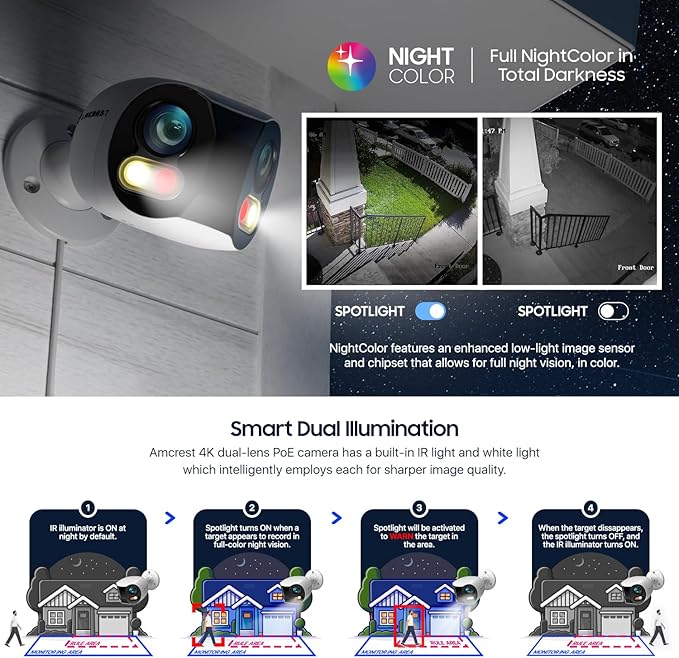 Amcrest Dual-Lens 4K (8MP) Outdoor Security POE Camera, 2 x 4MP Lenses PoE AI Bullet IP Camera, 65ft Night Color, Face Detection, Panoramic 180° FOV, 4K@15fps IP8M-DLB2998EW-AI (White)