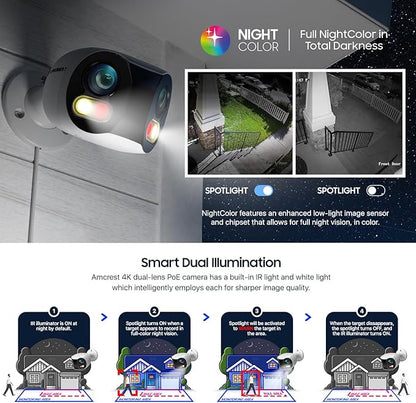 Amcrest Dual-Lens 4K (8MP) Outdoor Security POE Camera, 2 x 4MP Lenses PoE AI Bullet IP Camera, 65ft Night Color, Face Detection, Panoramic 180° FOV, 4K@15fps IP8M-DLB2998EW-AI (White)