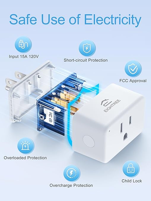 EIGHTREE Smart Plug 15A, WiFi Outlet that Compatible with Alexa & Google Home & SmartThings, No Hub Required, Smart Outlet with Remote Control, Timer & Schedule, 2.4GHz WiFi Only, 1 Pack
