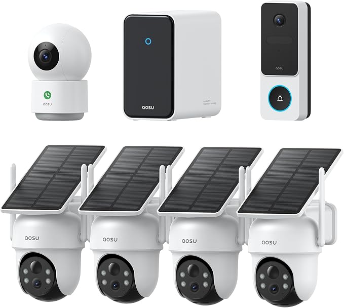 aosu Total-Watch Classic AI Suite, 3K Solar Security Camera Outdoor System | 3K / 5MP, AI Human+Vehicle+Pet, Expandable to 16TB, Works with Alexa & Google Assistant, 170° Wide, Outdoor PTZ 360°