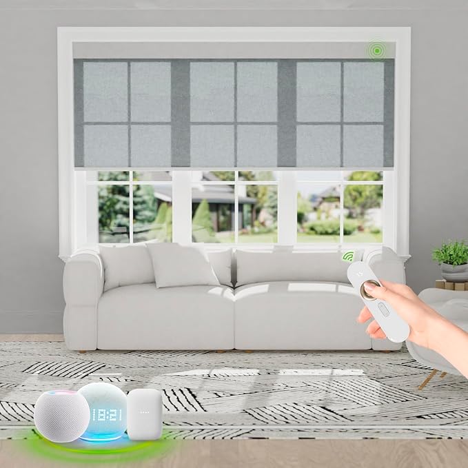 Motorized Blinds with Remote [Light Filtering] Smart Blinds Compatible with Alexa Google HomeKit, 60% Blackout Automatic Roller Shades for Indoor Windows, Customized Size, Pure Dark Gray
