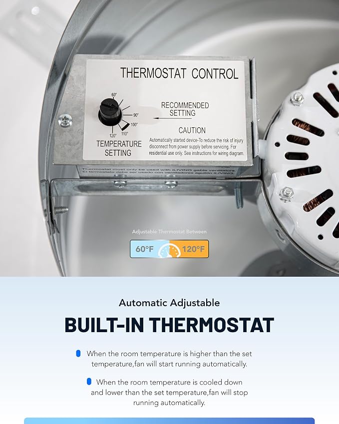 iLiving ILG8G14-12T Automatic Gable Mount Attic Ventilator Fan with Adjustable Thermostat, 2.85 Amp, 2339 CFM, Single-Speed