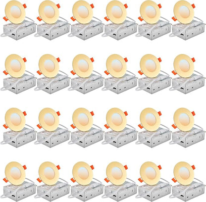 DLLT LED Recessed Ceiling Light: 24 Pack 3 Inch Gold Slim Recessed Lighting for Kitchen - 5CCT Dimmable Canless Wafer Downlight for Living Room - 600LM Brightness 6W LED Can Lights for Bedroom ETL FCC
