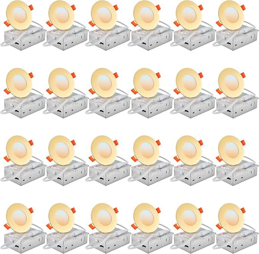 DLLT LED Recessed Ceiling Light: 24 Pack 3 Inch Gold Slim Recessed Lighting for Kitchen - 5CCT Dimmable Canless Wafer Downlight for Living Room - 600LM Brightness 6W LED Can Lights for Bedroom ETL FCC