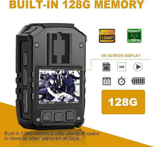 CammPro I826 HD Police Body Camera,128G Memory,Waterproof Premium Portable Body Worn Camera with Audio Recording Wearable,Night Vision,GPS for Law Enforcement (1440P)