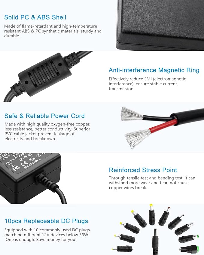 ALITOVE 12V 3A Power Supply DC 12 Volt AC Adapter 36W 2.5A 2A 1.5A 1A Replacment Power Cord Converter Transformer 4.92Ft with 10 Tips for LED Strip Light CCTV Security Camera Router PC Monitor