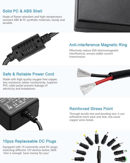 ALITOVE 12V 3A Power Supply DC 12 Volt AC Adapter 36W 2.5A 2A 1.5A 1A Replacment Power Cord Converter Transformer 4.92Ft with 10 Tips for LED Strip Light CCTV Security Camera Router PC Monitor