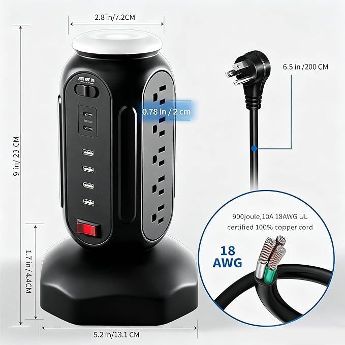 Power Tower with Retractable Cord, Surge Protector Tower with PD 30W USB-C (Single Port 30W/2 Ports 15W Each), 15 AC Outlets, 6.5ft Flat Plug, High-Power Fast Charging Station for Home and Office