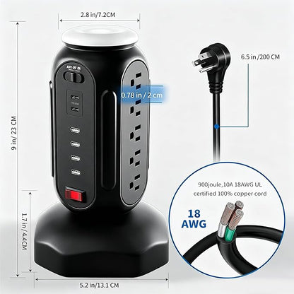 Power Tower with Retractable Cord, Surge Protector Tower with PD 30W USB-C (Single Port 30W/2 Ports 15W Each), 15 AC Outlets, 6.5ft Flat Plug, High-Power Fast Charging Station for Home and Office