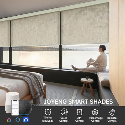 Motorized Light Filtering Roller Shades with Remote Control, Electric Smart Shades Compatible with Alexa and Google, Rechargeable, Customizable Size (Flax Beige)