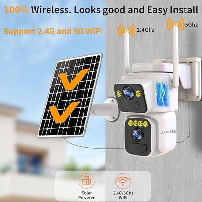 Luovisee Solar Security Cameras Outdoor Wireless, 2.4G/5G WiFi Cameras for Home Security, Dual Lens PTZ Motion Zone, 2-Way Audio, Night Vision, Weatherproof, SD/Cloud Storage