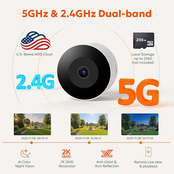 owltron 2K Window Camera, 5G & 2.4GHz WiFi Indoor Cameras for Home Security with Al Color Night Vision, Human/Motion Detection, Real-Time Alerts, Anti-Glare, Easy & Quick Install, 24/7 Recording