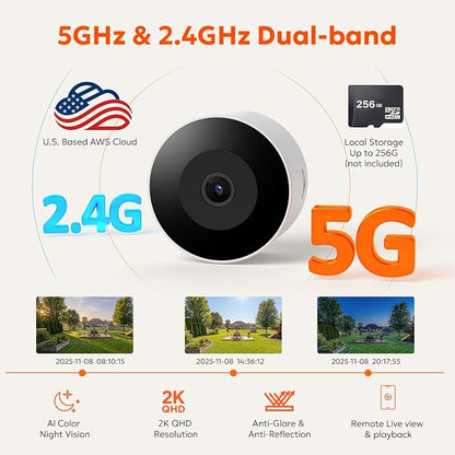 owltron 2K Window Camera, 5G & 2.4GHz WiFi Indoor Cameras for Home Security with Al Color Night Vision, Human/Motion Detection, Real-Time Alerts, Anti-Glare, Easy & Quick Install, 24/7 Recording