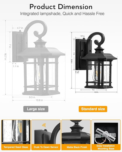 VIANIS Black Outdoor Lights for House, Dusk to Dawn Light Fixture, Waterproof Wall Lights, Porch Lights Outdoor for House, Garden, Garage, Entryway, Anti-Rust