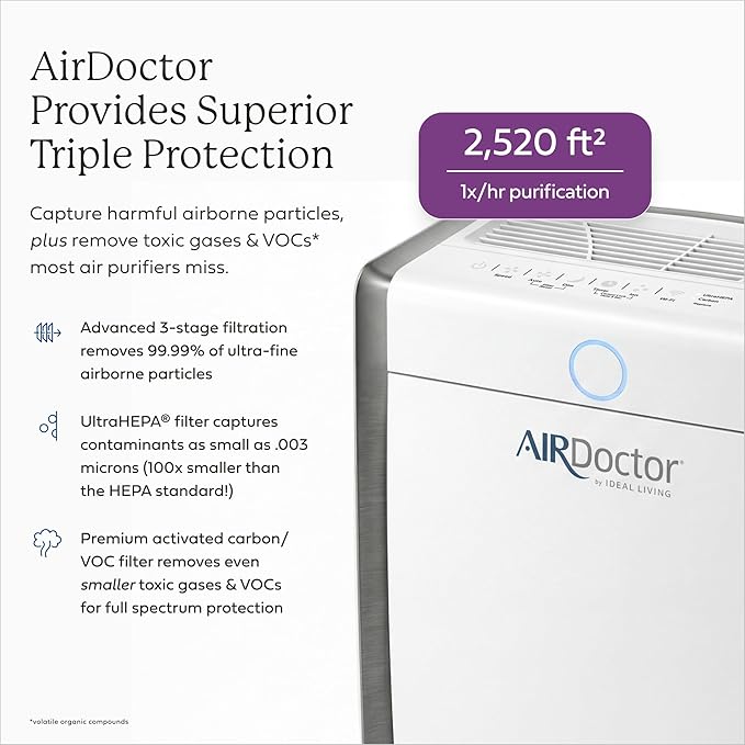 AIRDOCTOR AD3500 Air Purifier. Cleans Kitchens, Bedrooms, Large Rooms Up to 2,520 ft2. Remove Allergens, Smoke, Dust, Mold, Pet Hair, Odors, Pollen. Hospital-Grade UltraHEPA, Premium Carbon Filtration