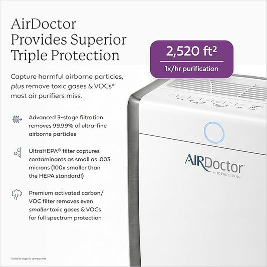 AIRDOCTOR AD3500 Air Purifier. Cleans Kitchens, Bedrooms, Large Rooms Up to 2,520 ft2. Remove Allergens, Smoke, Dust, Mold, Pet Hair, Odors, Pollen. Hospital-Grade UltraHEPA, Premium Carbon Filtration