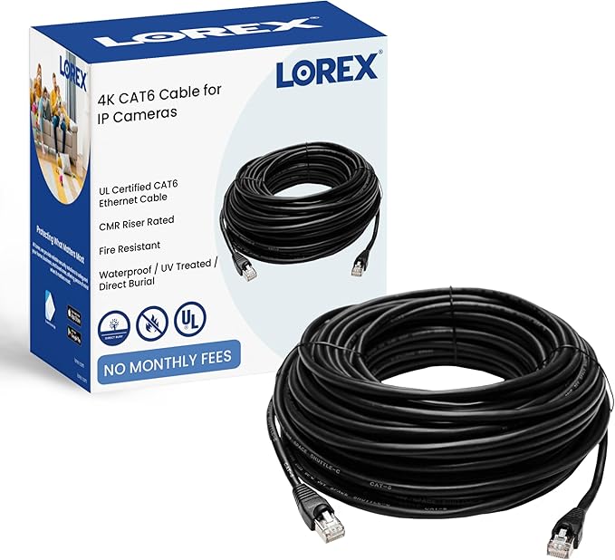 Lorex Outdoor CAT6 Ethernet Cable, for Use with 4K Wired Security Cameras, Weatherproof and Direct Burial Underground, 10GB/Second, 100 Feet (30m)