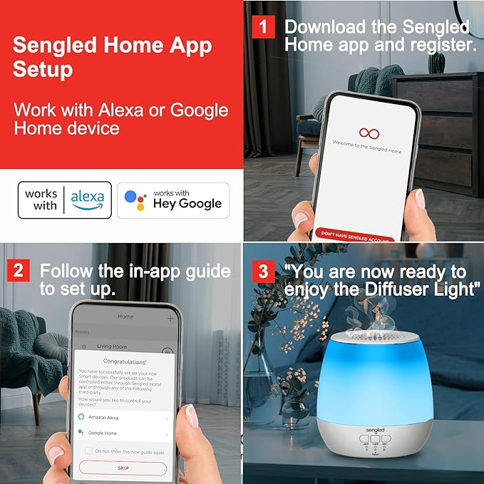 Sengled Smart WiFi Essential Oil Diffuser, 150ml Ultrasonic Aromatherapy Diffuser with Alexa & Google Home App & Voice Control, Night Lights Auto Off & Timer Function, LED Colors Humidifier for Home