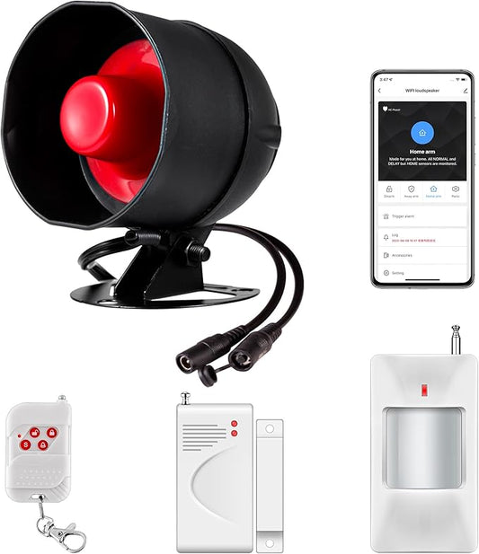 WiFi Alarm Home Security System, Wireless Alarm System with Loud 120dB Window Door Alarms Sensor, Remote Control WiFi Siren for Shed Garage