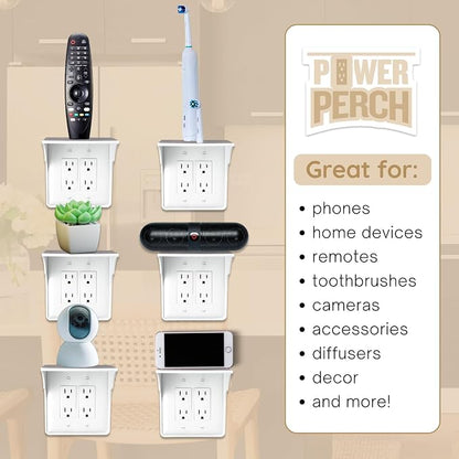 Power Perch Double Outlet Shelf, Renter Friendly Shelves, 1-Pack White | No Drill Alexa Stand Holder Outlet Mount for Bathroom, HomePod Stand, Cord Storage Strap, WiFi Router Wall Shelf, USA Made