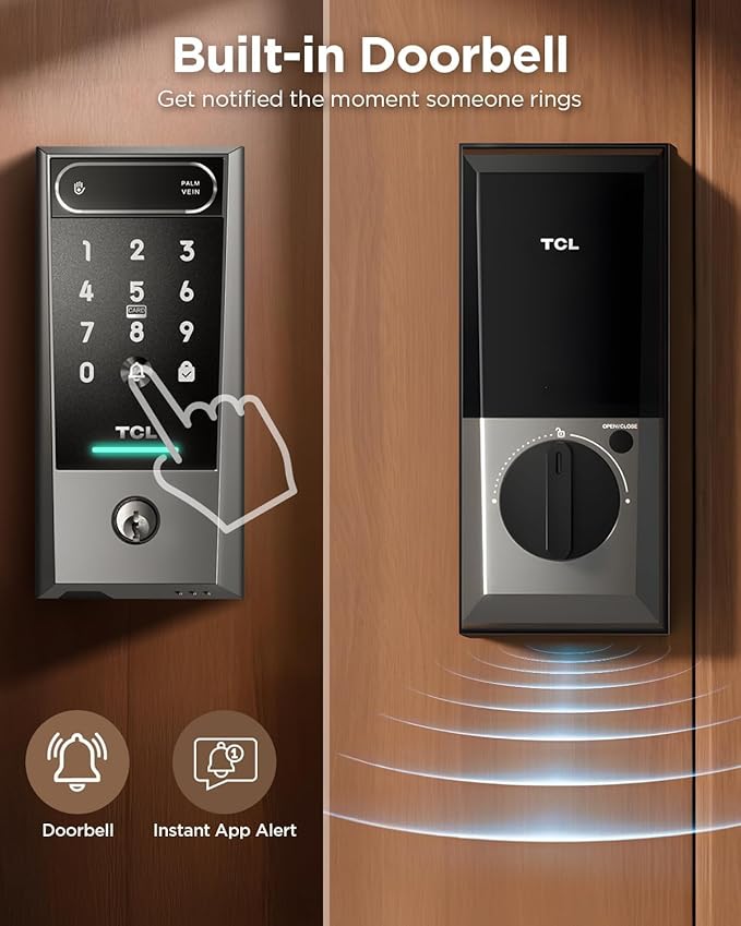 TCL Palm Vein Smart Lock D2 Pro, Wi-Fi Keyless Entry Deadbolt Door Lock, Built-in Doorbell, Key Fob, App Control, Auto Lock, Rechargeable Battery, Works with Alexa & Google Lock for Front Door