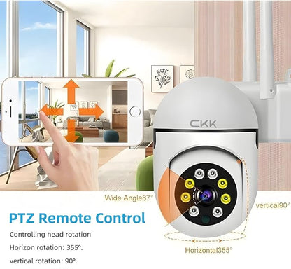 CKK 1080P Security Camera Outdoor Corded Power, 3 Pcs 2MP PTZ WiFi Home Camera (2.4G/5G Dual-Band), 360° Pan/Tilt, Color Night Vision, Motion Alerts, 2-Way Audio, Compatible with Alexa