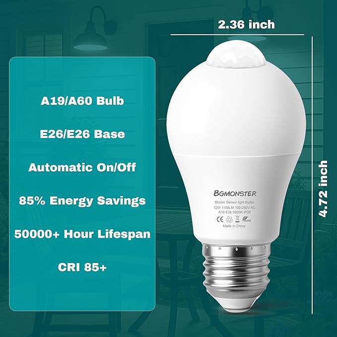 4-Pack Motion Sensor Light Bulbs, 12W(100W Equivalent), Movement Security LED Bulb(Energy Efficient) Indoor/Outdoor, Motion Activated Dusk to Dawn Bulb for Porch, Garage, Basement, Hallway, Stairs