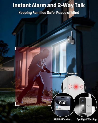 Xega 4G Cellular Security Camera: 10000mAh Battery, No WiFi Need, Pan 180°, Motion Detection, 2K Color Night Vision, 2-Way Audio, Siren Alarm, TF/Cloud IP66, Built-in SIM Card, Indoor and Outdoor
