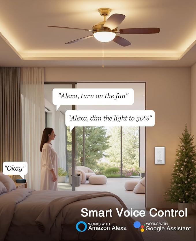 GHome Smart Dimmer Switch with 4-Speed Ceiling Fan Control, Ceiling Fan and Light Switch Combo with Dimmer Compatible with Alexa and Google Assistant, 2.4Ghz Only, Single-Pole, UL Certified