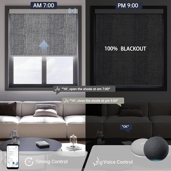 Motorized Blinds with Remote, Light Filtering Smart Blinds for Windows Automatic Roller Shades Compatible with Alexa, Motorized Shades Customized for Living Room Home Office (Smoky Grey)