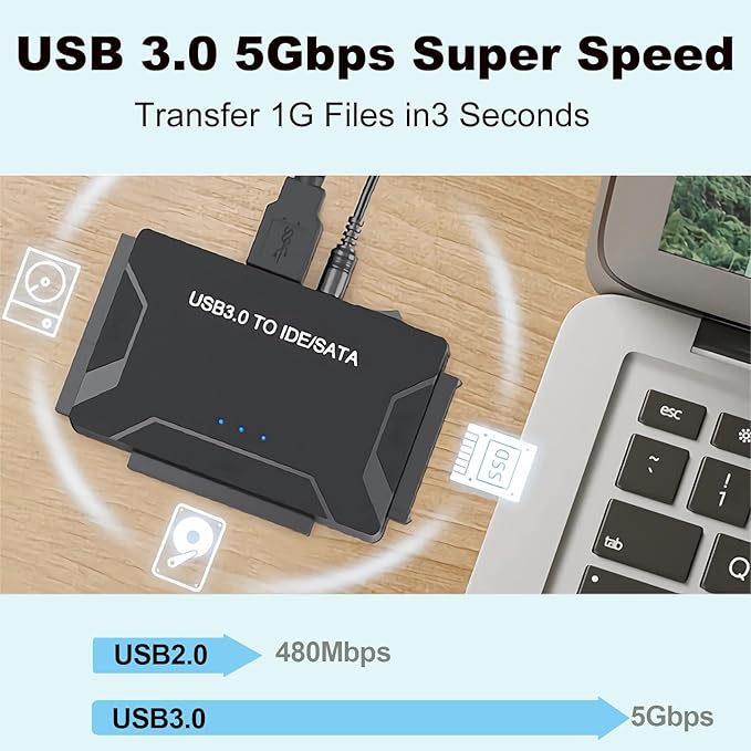 Hard Drive Reader, USB 3.0 to IDE and SATA Adapter External Hard DriveConverter for Universal 2.5/3.5 HDD/SSD Hard Drive Disk Includes 12V Power Adapter, Support 6TB - Black