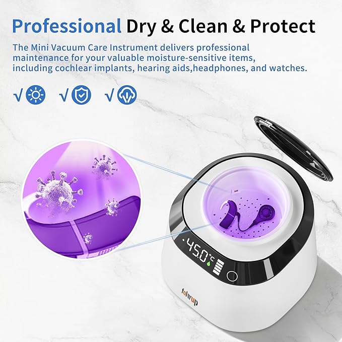 World's Fastest & Advanced Hearing Aid Dryer Dehumidifier, 15 Mins Home Vacuum Dry, Care and Maintenance of Cochlear Implant, Small Electronics, Jewelry, 100% Moisture Removal(Orange Brush)