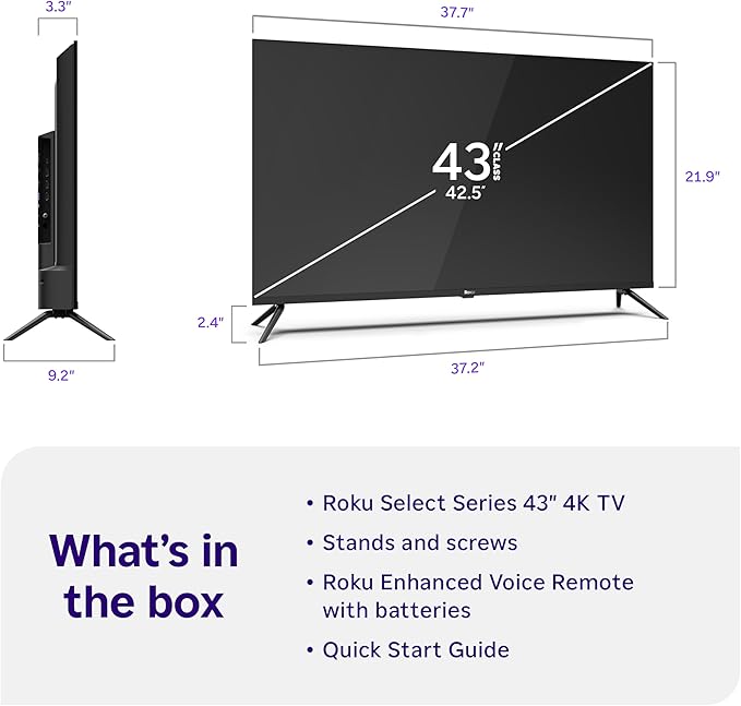 Roku Smart TV – 43-Inch Select Series, 4K HDR TV – Roku TV with Roku Remote – Flat Screen LED Television with Wi-Fi for Streaming Live Local News, Sports, Family Entertainment